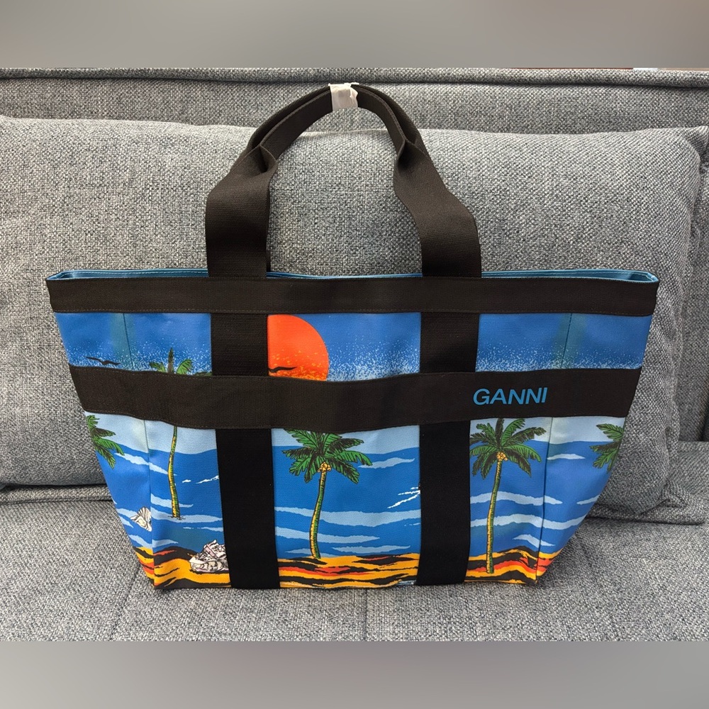 NWT Ganni Blue and Black Tropical Tote